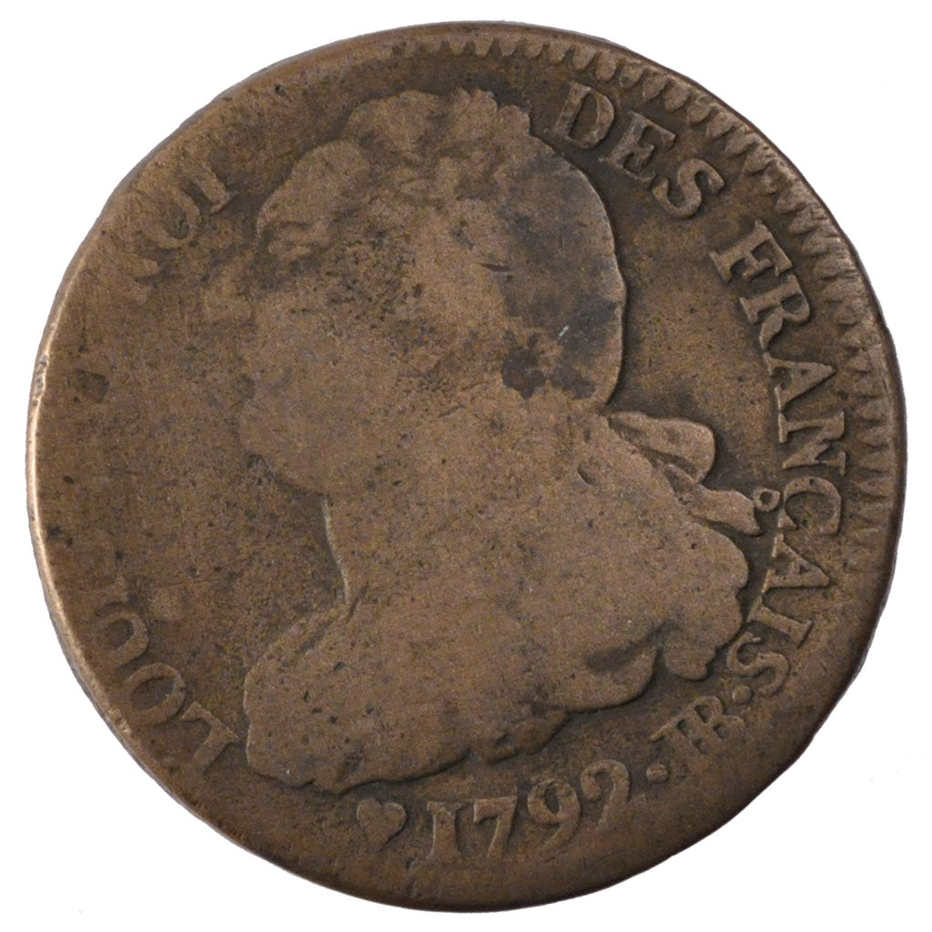 FRANCE, 2 sols français, 2 Sols, 1792, Strasbourg, KM #612, F(12-15), Bronze, G.