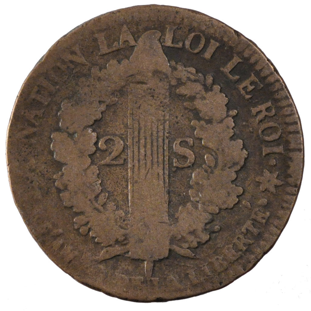 FRANCE, 2 sols français, 2 Sols, 1792, Strasbourg, KM #612, F(12-15), Bronze, G.