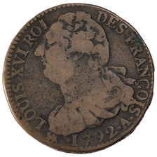 FRANCE, 2 sols françois, 2 Sols, 1792, Paris, KM #603.1, VG(8-10), Bronze, G...