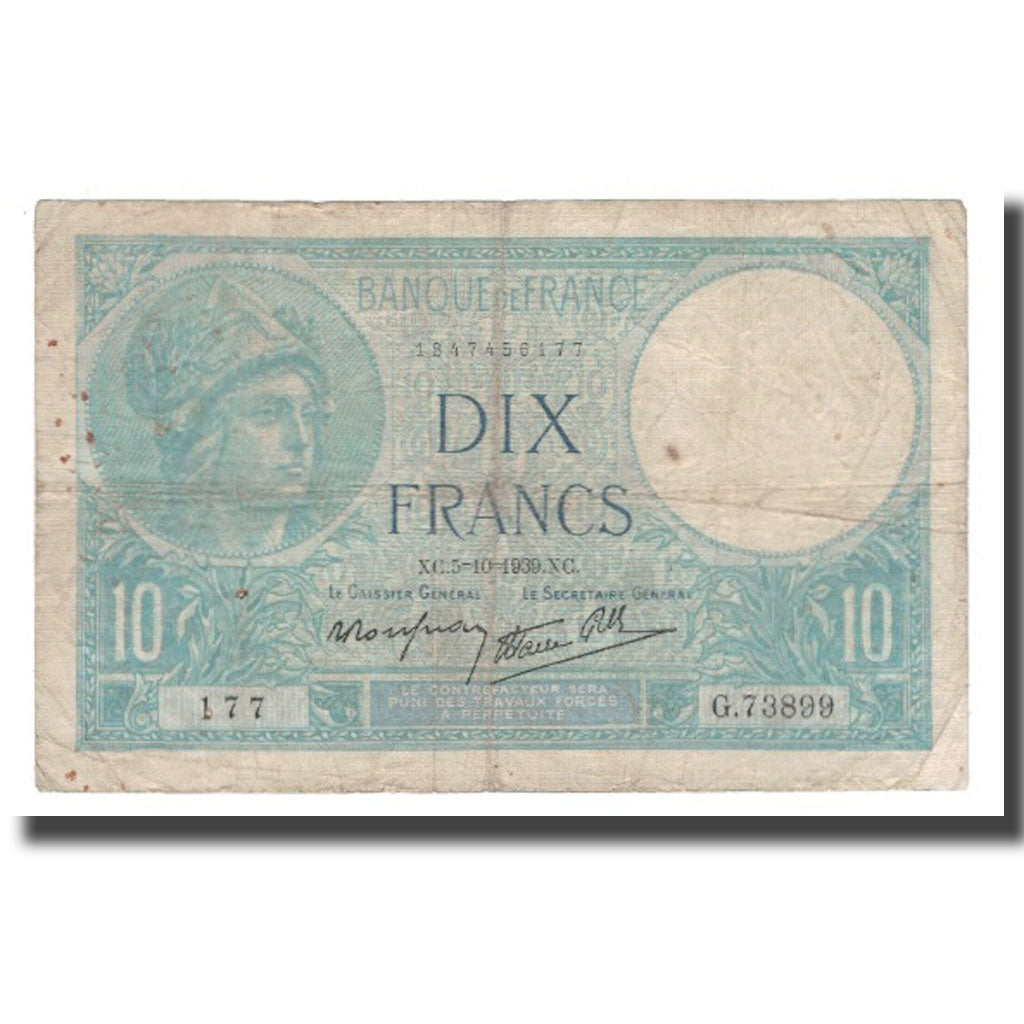 Francja, 10 Francs, 1939, 1939-10-05, VF(20-25), Fayette:07.10, KM:84