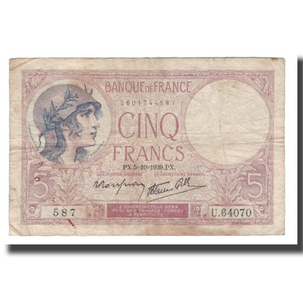 Francja, 5 Francs, 1939, 1939-10-05, VG(8-10), Fayette:04.11, KM:83