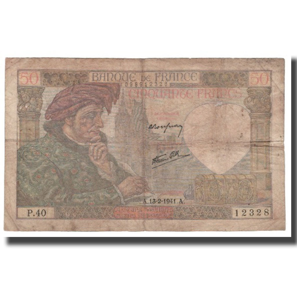 France, 50 Francs, 1941, 1941-02-13, VG(8-10), Fayette:19.06, KM:93