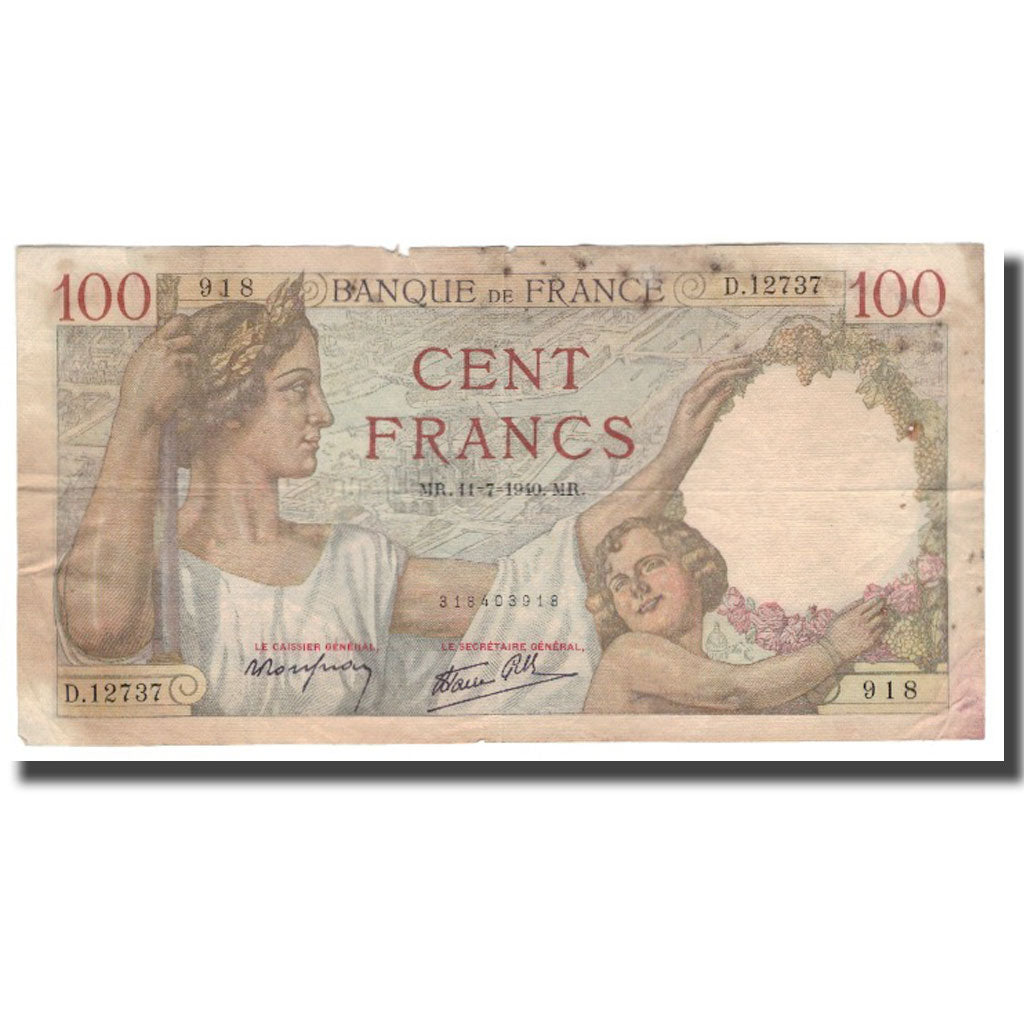 France, 100 Francs, 1940, 1940-07-11, F(12-15), Fayette:26.33, KM:94