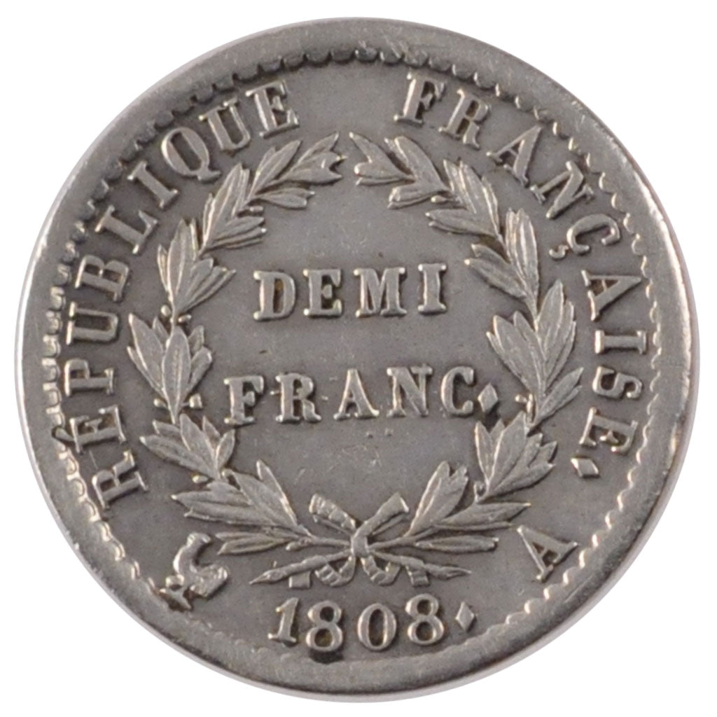 FRANCE, 1/2 Franc, 1808, Paris, AU(50-53), Silver, Gadoury #398, 2.51