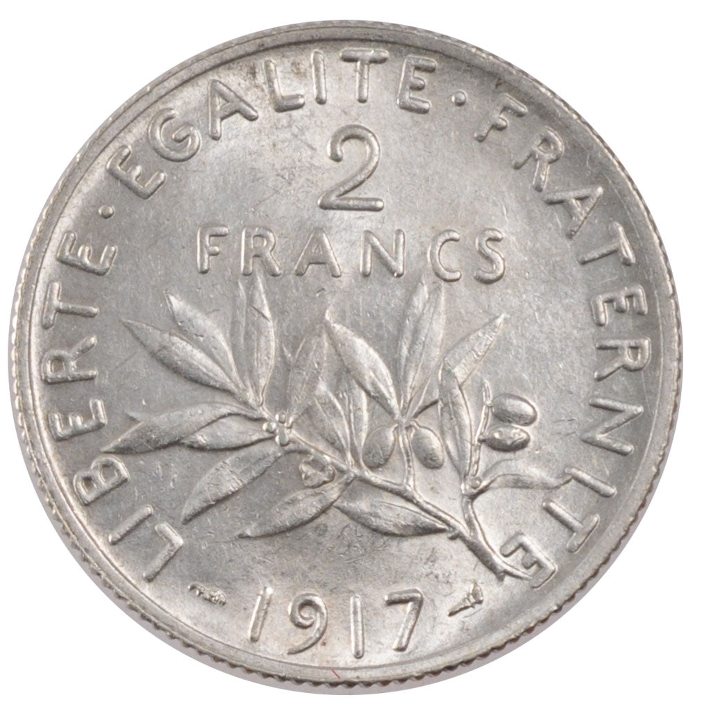 FRANCE, Semeuse, 2 Francs, 1917, Paris, KM #845.1, MS(60-62), Silver, 27,...