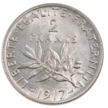 FRANCE, Semeuse, 2 Francs, 1917, Paris, KM #845.1, MS(60-62), Silver, 27,...