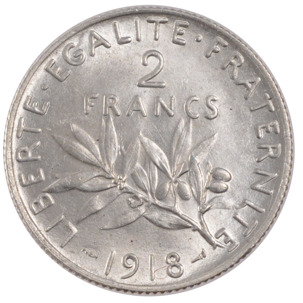 FRANCE, Semeuse, 2 Francs, 1918, Paris, KM #845.1, MS(60-62), Silver, 27,...