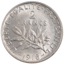 FRANCE, Semeuse, 2 Francs, 1918, Paris, KM #845.1, MS(60-62), Silver, 27,...