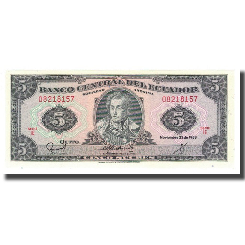 Nota, Equador, 5 Sucres, 1988, 1988-11-22, KM:113d, UNC(65-70)
