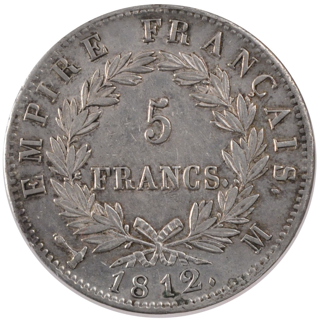 FRANCE, Napoléon I, 5 Francs, 1812, Toulouse, KM #694.10, AU(50-53), Silver, G..