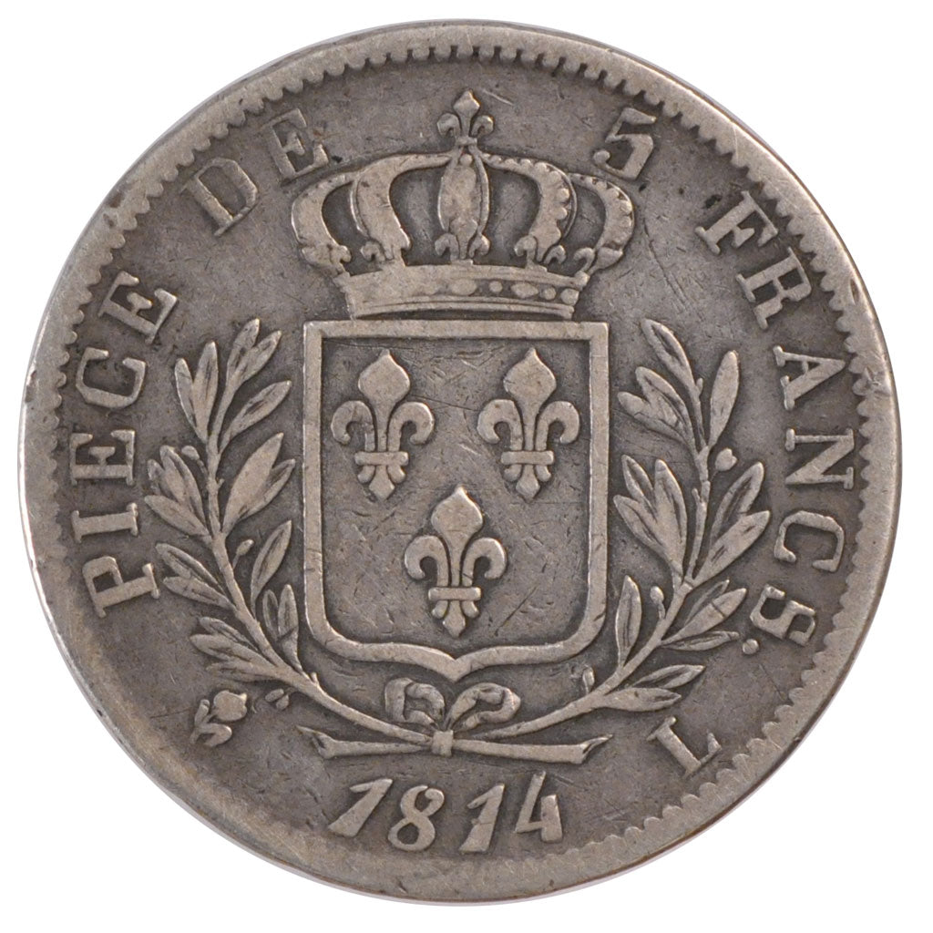 Francia, Louis XVIII, Louis XVIII, 5 Francs, 1814, Bayonne, MB+, Argento, Gad...