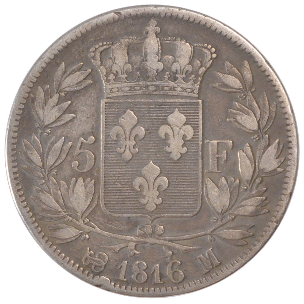 FRANCE, Louis XVIII, 5 Francs, 1816, Toulouse, KM #711.9, VF(30-35), Silver,...