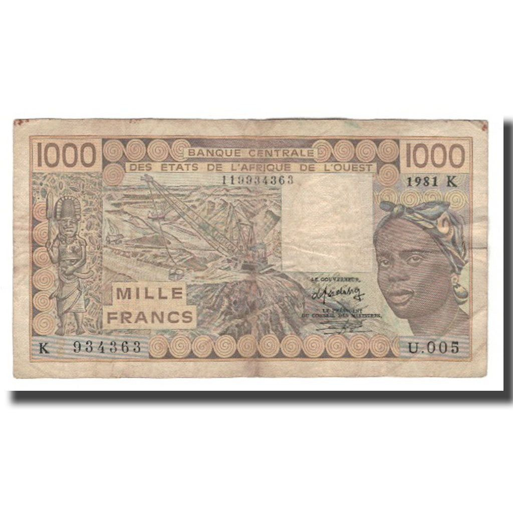 Banknote, West African States, 1000 Francs, 1981-1990, 1981, KM:207Bb, VF(20-25)