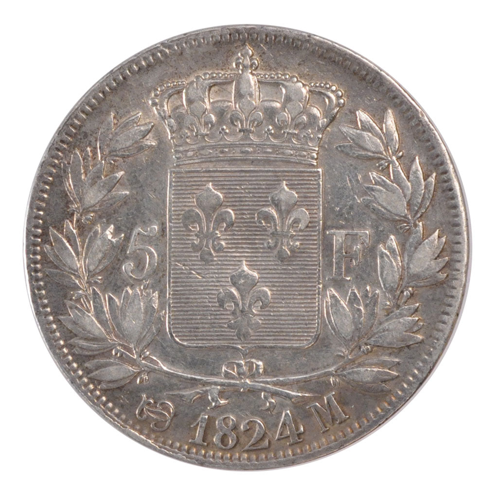 Monnaie, France, Louis XVIII, 5 Francs, 1824, Toulouse, TTB+, Argent