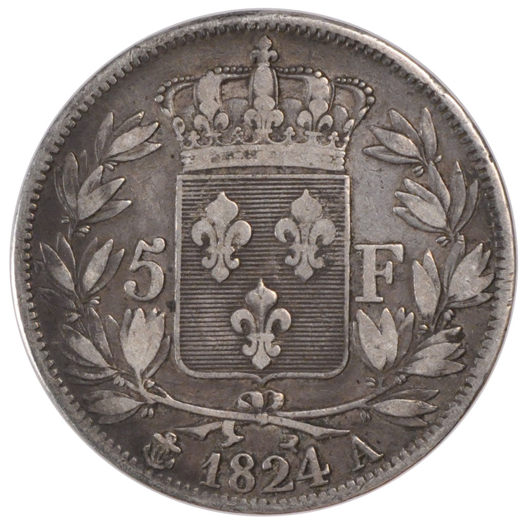 FRANCE, Louis XVIII, 5 Francs, 1824, Paris, KM #711.1, EF(40-45), Silver,...