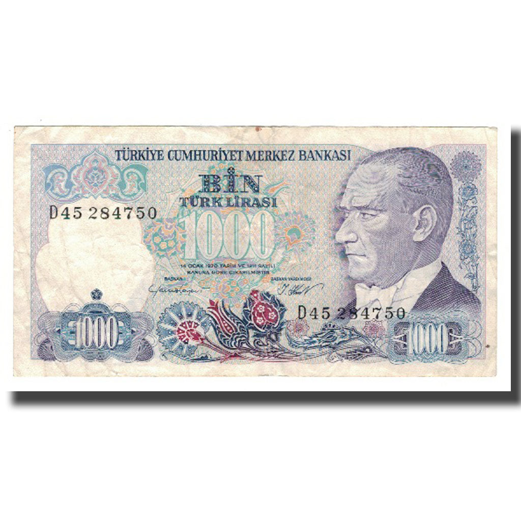 Biljet, Turkije, 1000 Lira, L.1970, Undated (1986), KM:196, TTB+