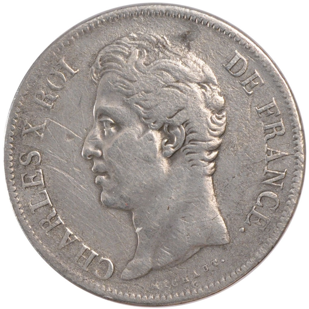 Coin, France, Charles X, 5 Francs, 1827, Rouen, VF(30-35), Silver, KM:728.2