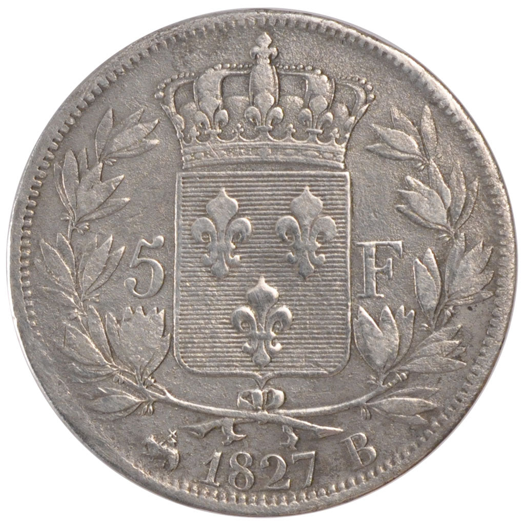 Coin, France, Charles X, 5 Francs, 1827, Rouen, VF(30-35), Silver, KM:728.2