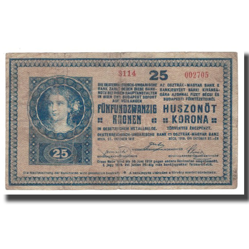 Geldschein, Ungarn, 25 Korona, 1918 (1919), 1918-10-27, KM:12, SGE+