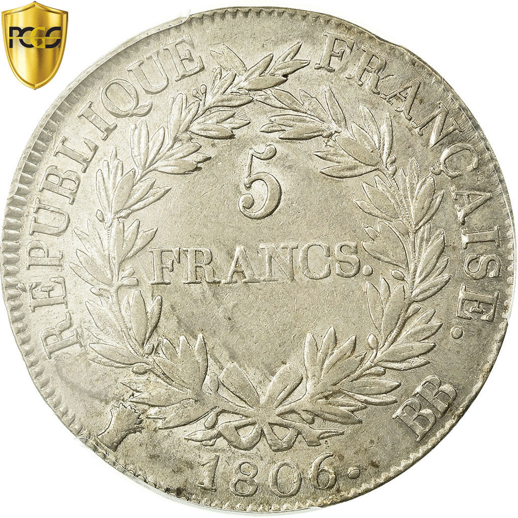 Moneda, Francia, Napoléon I, 5 Francs, 1806, Strasbourg, PCGS, AU58, EBC