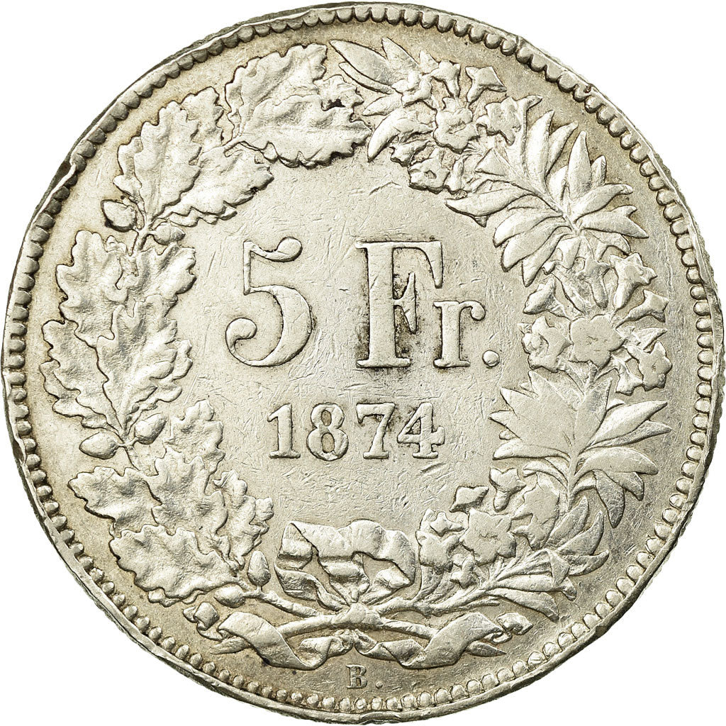 Switzerland, 5 Francs, Helvetia, 1874, Bruxelles, Silver, VF(30-35), KM:11