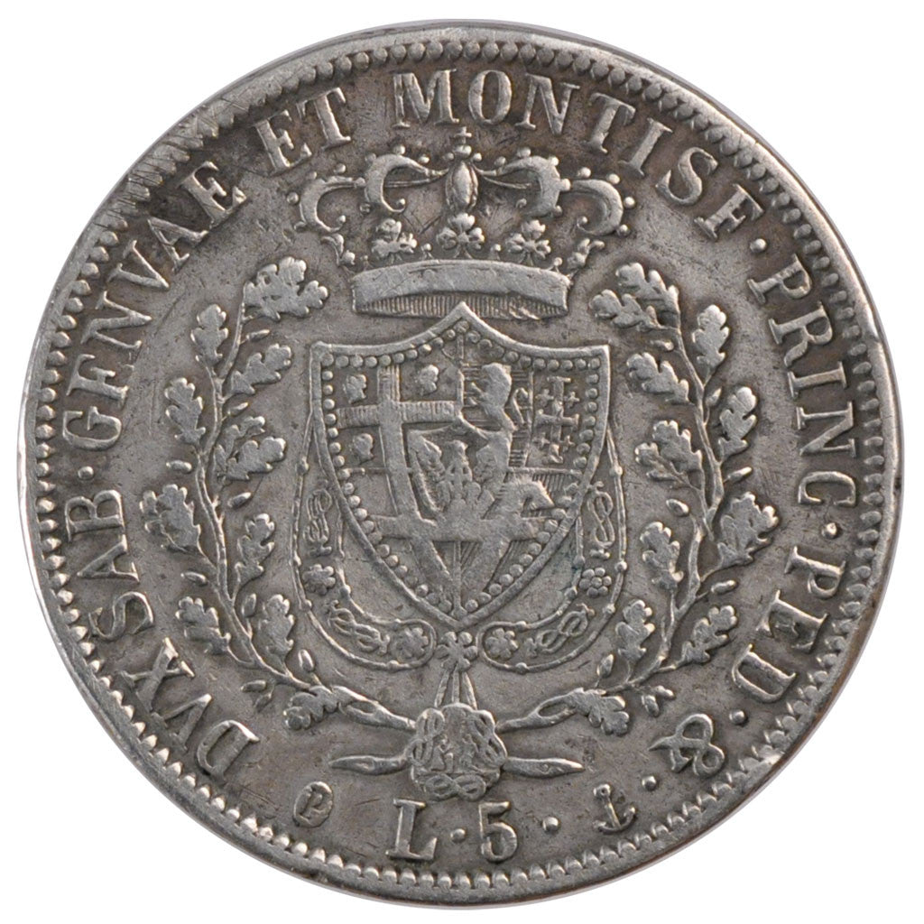 Moneta, STATI ITALIANI, SARDINIA, Carlo Felice, 5 Lire, 1827, Genoa, BB