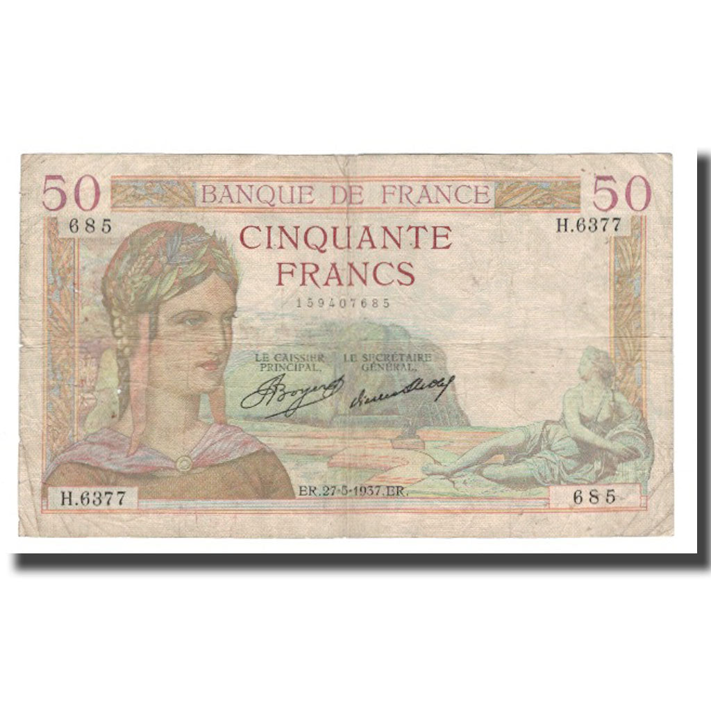 Francia, 50 Francs, Cérès, 1937, 1937-05-27, B+, Fayette:17.39, KM:81