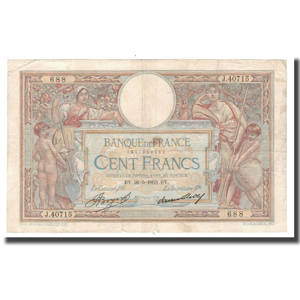 France, 100 Francs, Luc Olivier Merson, 1933, 1933-05-26, B+, Fayette:24.12