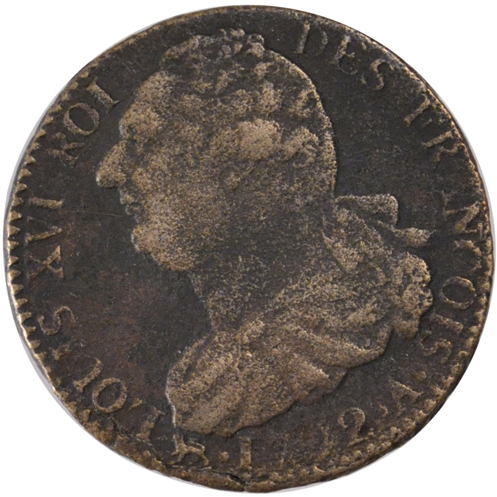 FRANCE, 2 sols françois, 2 Sols, 1792, Paris, KM #603.1, VF(20-25), Bronze, G...