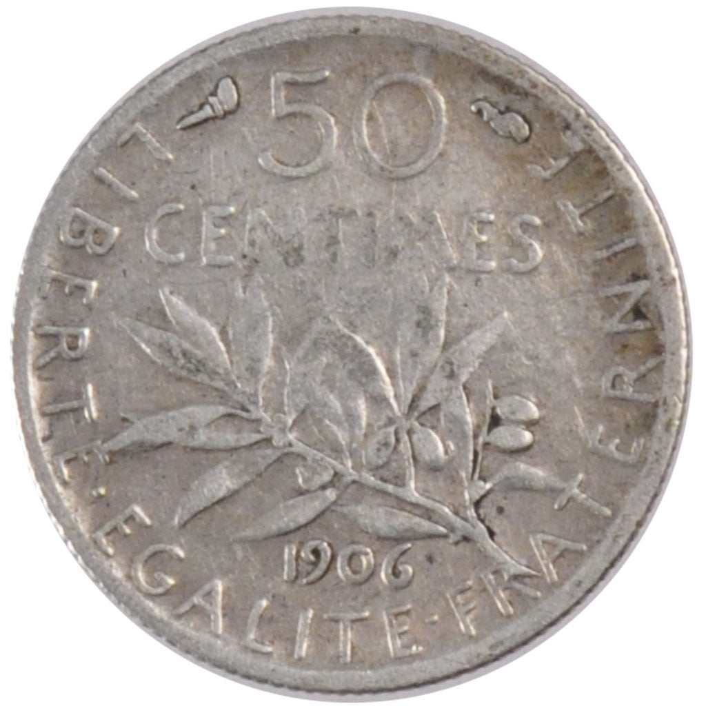 FRANCE, Semeuse, 50 Centimes, 1906, Paris, KM #854, VF(30-35), Silver, 18.1,...