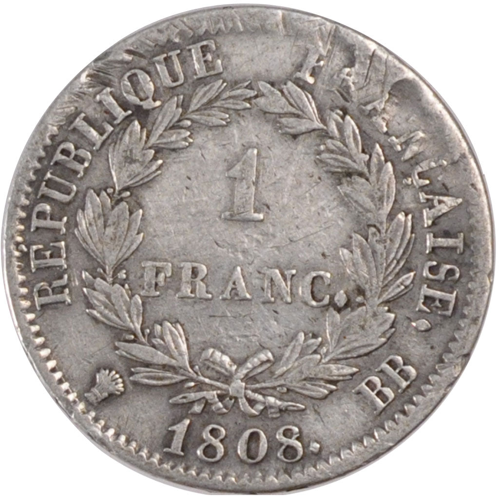 FRANCE, Napoléon I, Franc, 1808, Strasbourg, KM #682.3, VF(20-25), Silver, G...