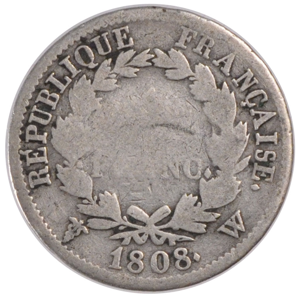 FRANCE, 1 Franc, 1808, Lille, VG(8-10), Silver, Gadoury #446, 4.64