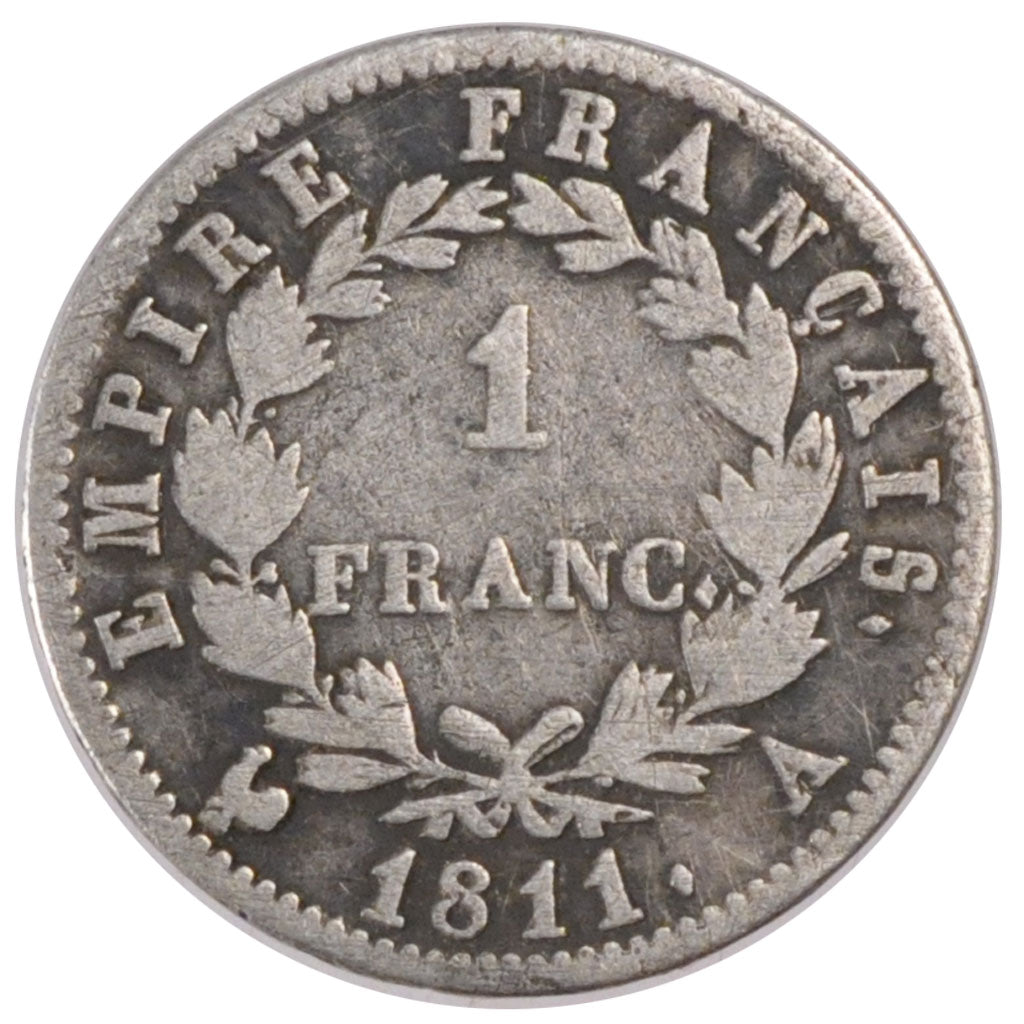FRANCE, Napoléon I, Franc, 1811, Paris, KM #692.1, VF(20-25), Silver, Gadoury #.