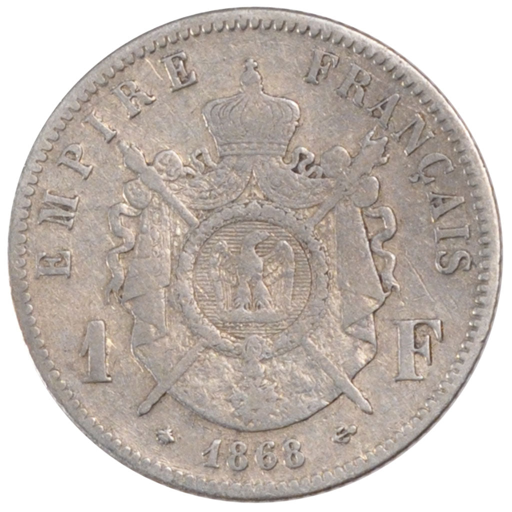 FRANCE, Napoléon III, Franc, 1868, Paris, KM #806.1, VF(30-35), Silver, Gadoury 