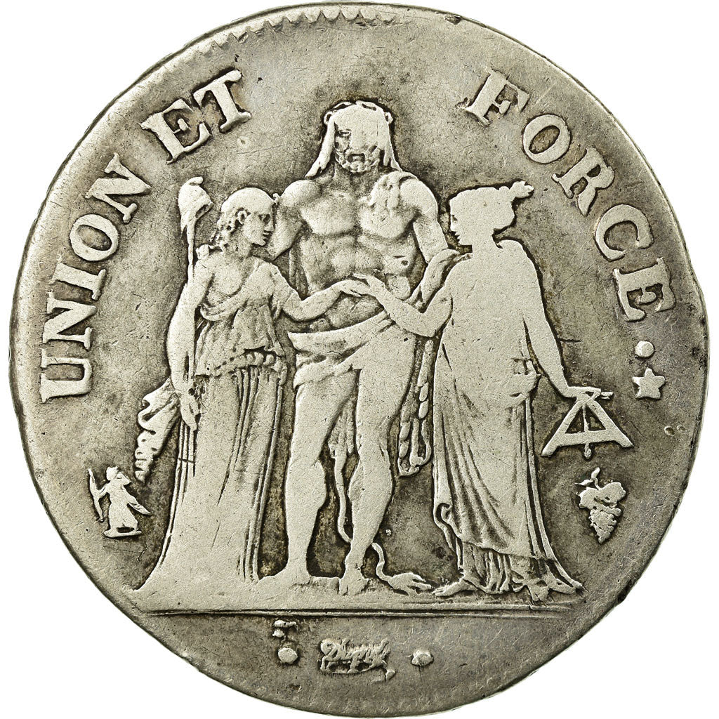 France, 5 Francs, Union et Force, AN 7, Perpignan, Silver, VF(20-25)