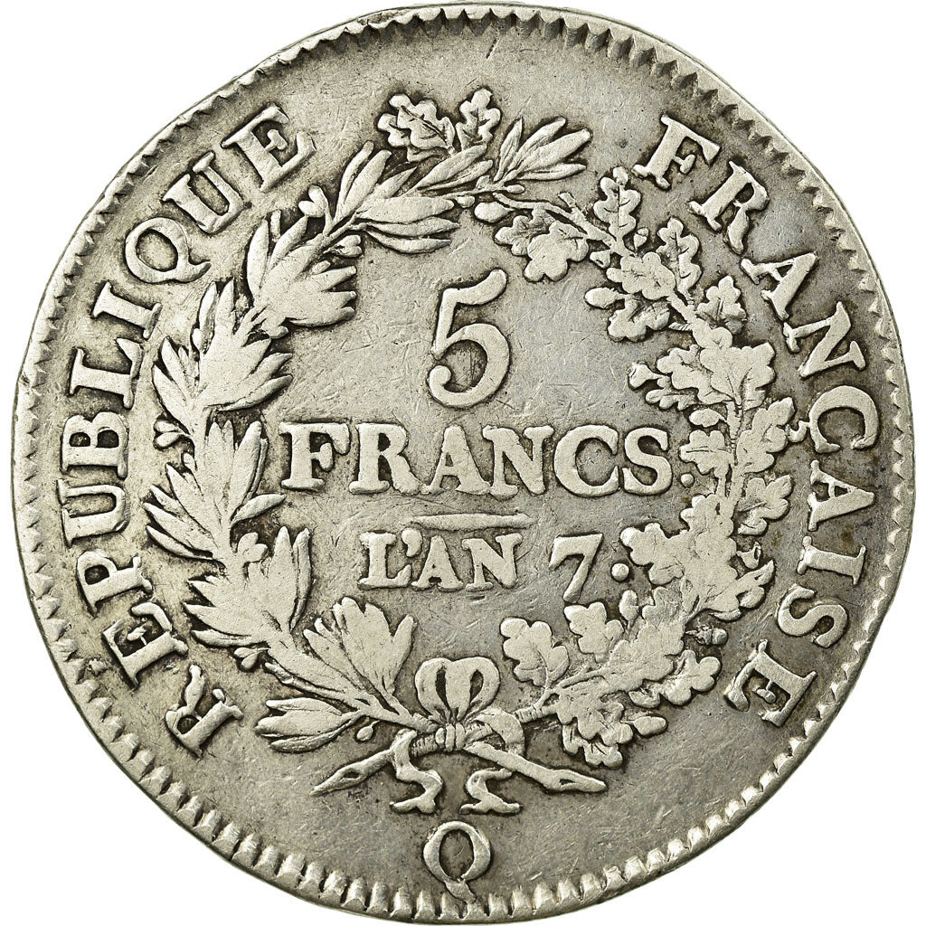 France, 5 Francs, Union et Force, AN 7, Perpignan, Silver, VF(20-25)