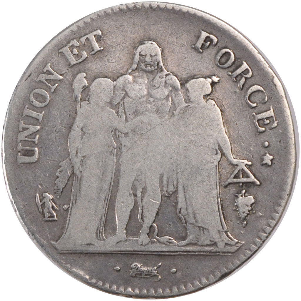 FRANCE, Union et Force, 5 Francs, 1796, Perpignan, KM #639.8, F(12-15), Silver,.