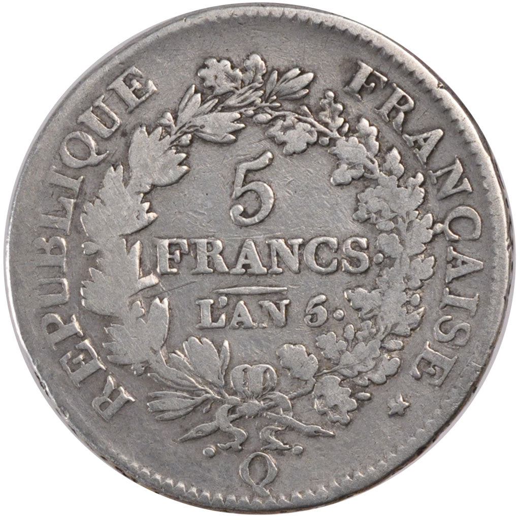 FRANCE, Union et Force, 5 Francs, 1796, Perpignan, KM #639.8, F(12-15), Silver,.