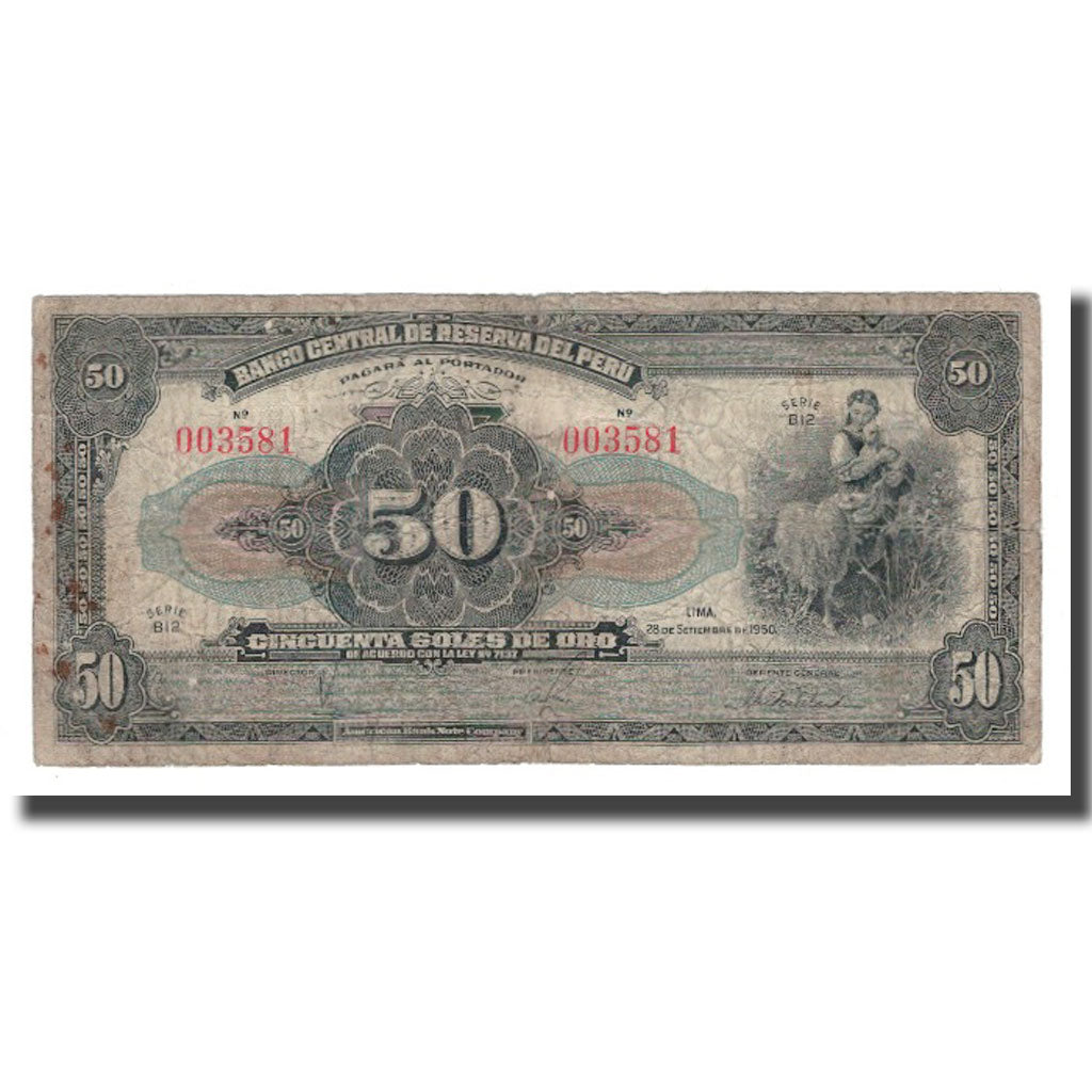 Banconote, Perù, 50 Soles, 1950, 1950-09-28, KM:68Aa, B+