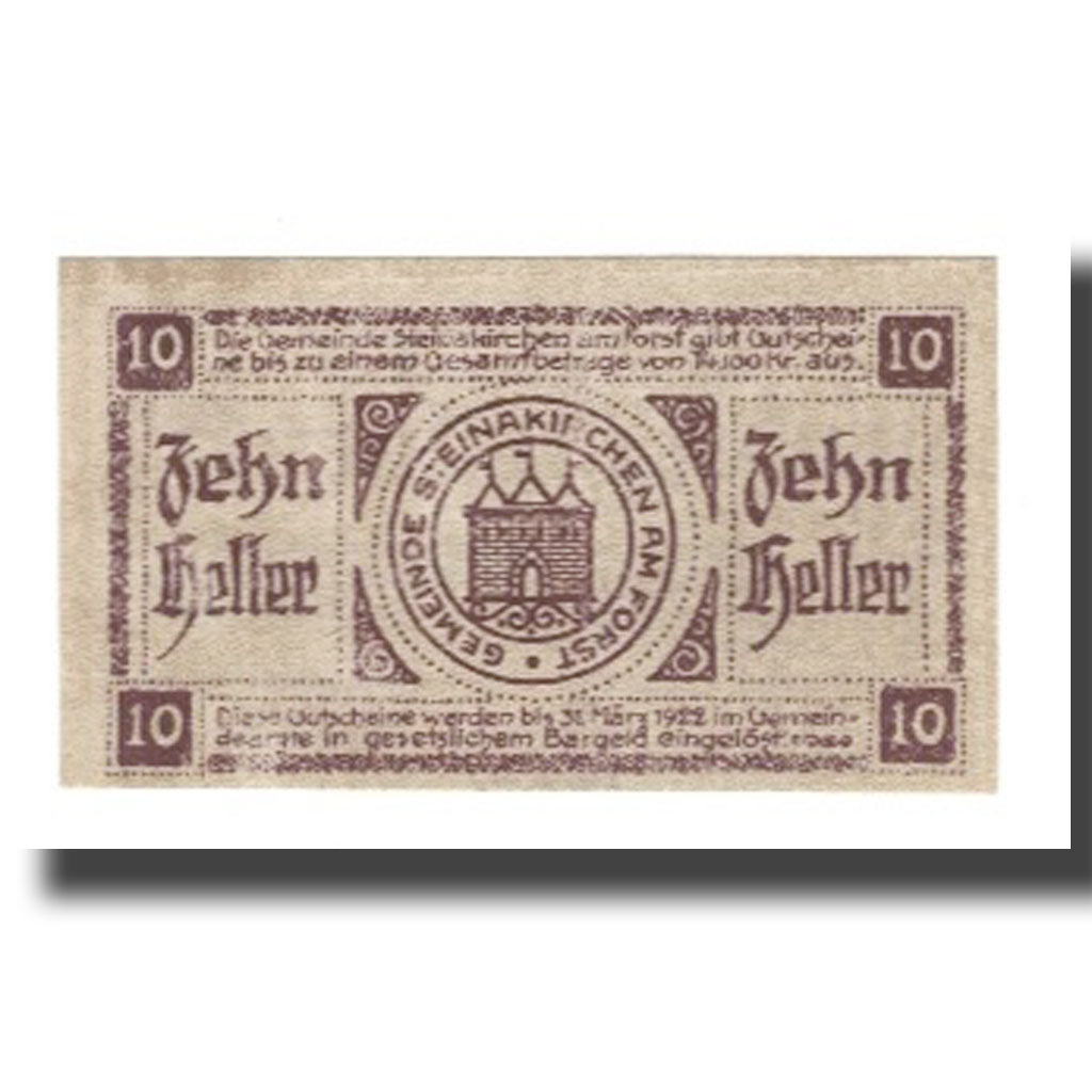 Banknote, Austria, Steinakirchen am Forst, 10 Heller, château, 1922