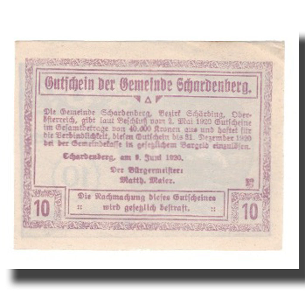 Banknote, Austria, Schardenberg, 10 Heller, paysage, 1920, 1920-06-09, UNC(63)