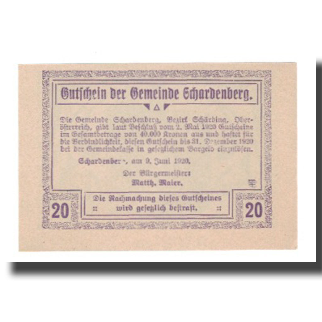 Biljet, Oostenrijk, Schardenberg, 20 Heller, Batiment, 1920, 1920-06-09, NIEUW
