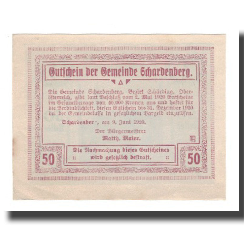 Banconote, Austria, Schardenberg, 50 Heller, Eglise, 1920, 1920-06-09, SPL