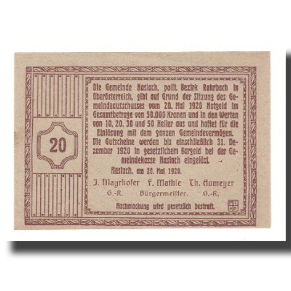 Banknote, Austria, Haslach, 20 Heller, Texte, 1920, 1920-05-20, UNC(65-70)