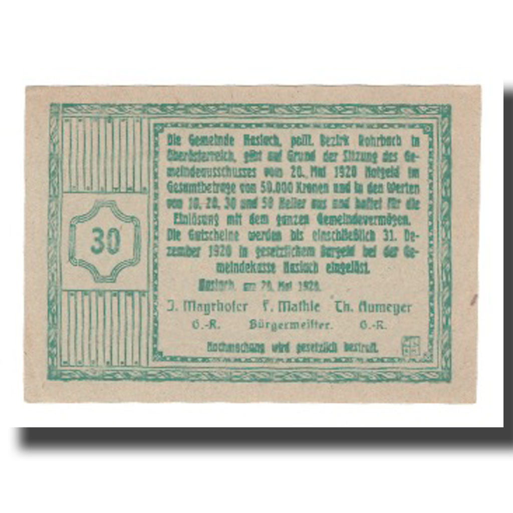 Banknote, Austria, Haslach, 30 Heller, texte 1, 1920, 1920-05-20, UNC(65-70)