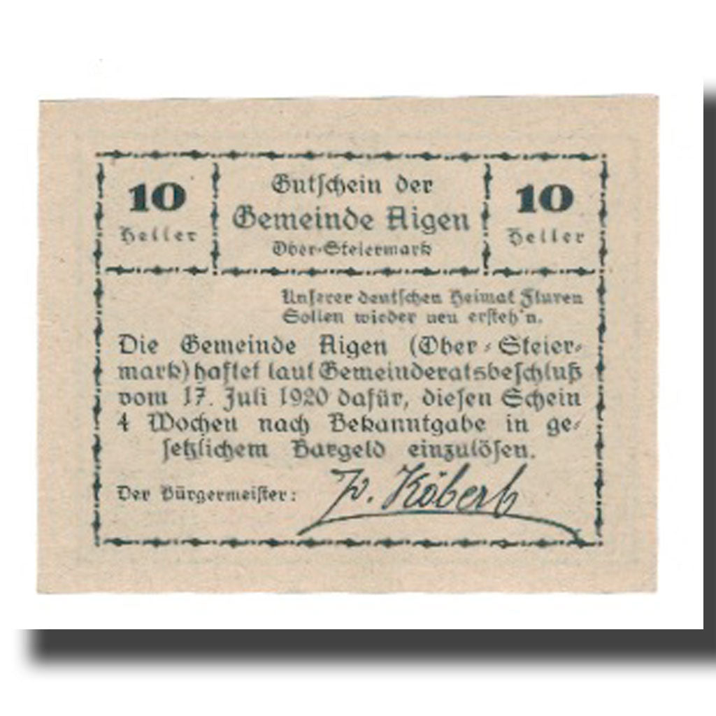 Banknote, Austria, Aigen, 10 Heller, texte 1, 1920, 1920-07-17, UNC(65-70)