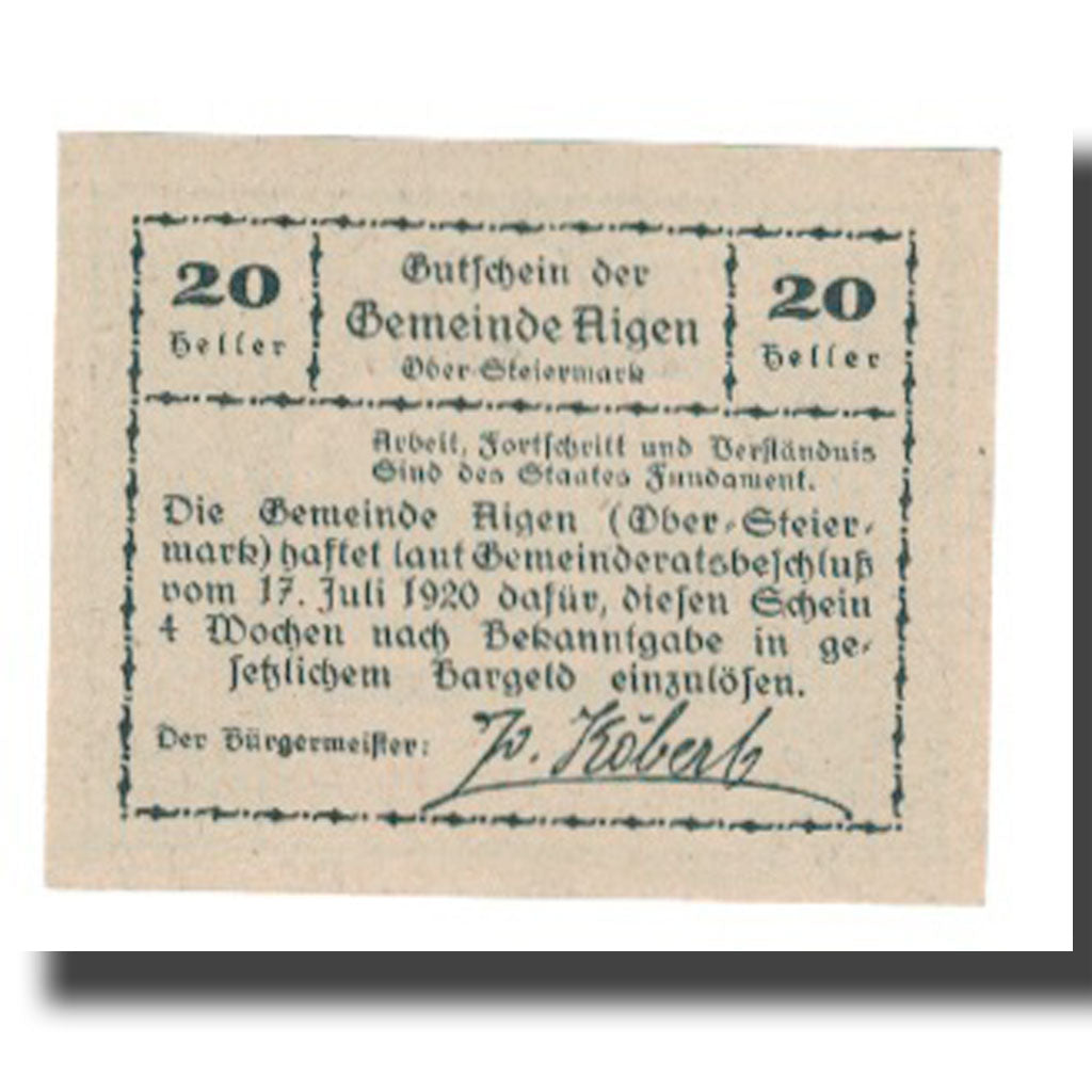 Banknote, Austria, Aigen, 20 Heller, Texte 2, 1920, 1920-07-17, UNC(65-70)