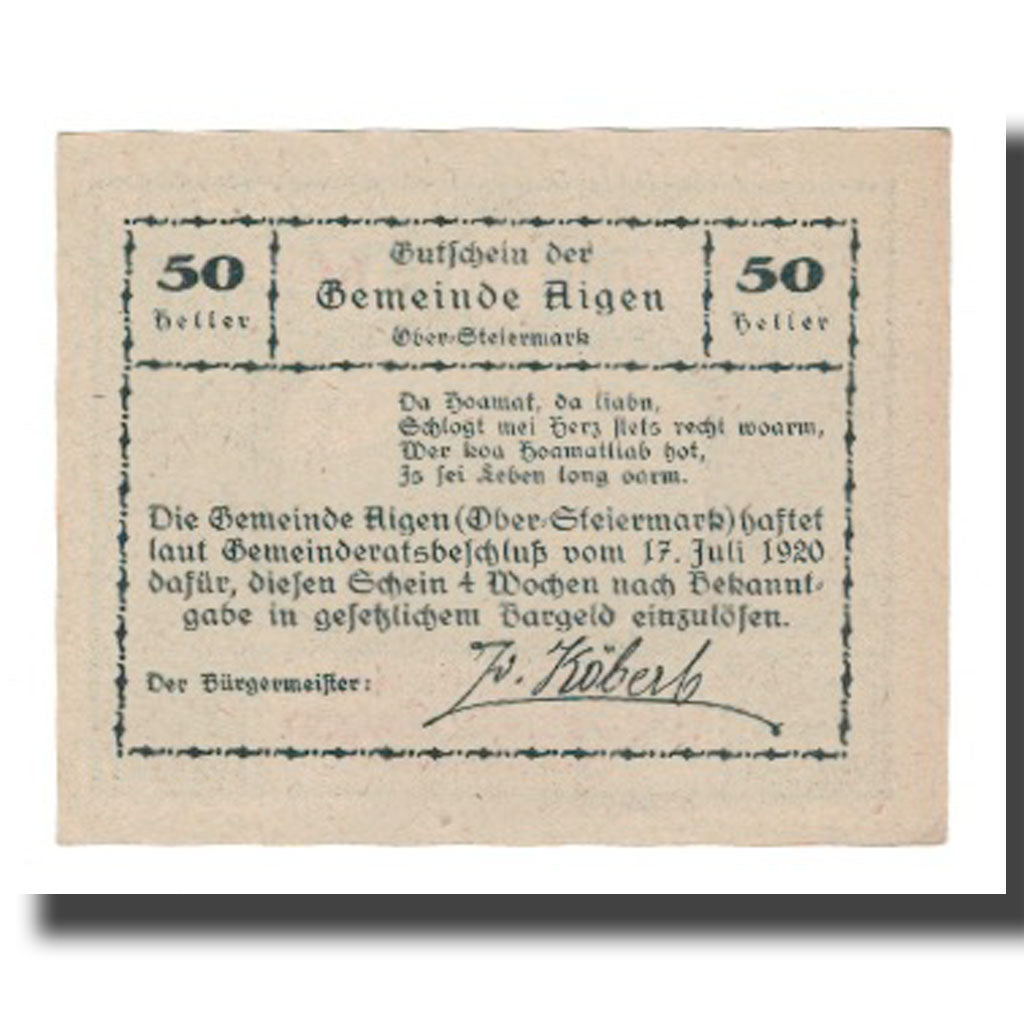 Banknote, Austria, Aigen, 50 Heller, Texte 3, 1920, 1920-07-17, UNC(65-70)