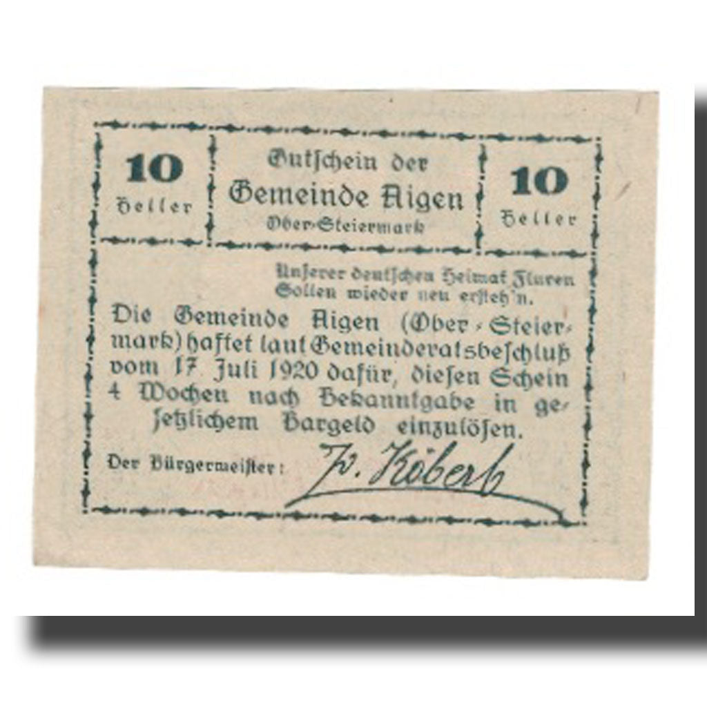 Banknote, Austria, Aigen, 10 Heller, Texte 4, 1920, 1920-07-17, UNC(65-70)