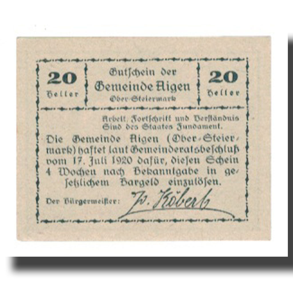 Banknote, Austria, Aigen, 20 Heller, Texte  5, 1920, 1920-07-17, UNC(65-70)